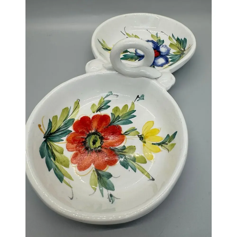 Vintage Beautiful Hand Painted Divided Dish Floral Handle Made In Italy Spring